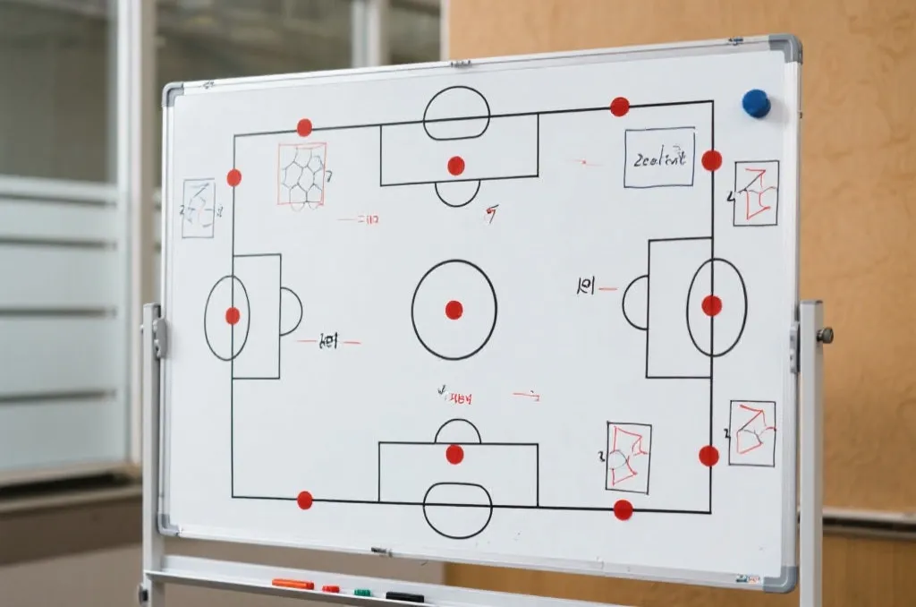 Tactical whiteboard with soccer formations and analytical diagrams